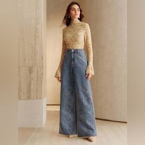 Anewsta Elaire Women's High Waist Embroidered Hollow Out Loose Wide Leg Jeans